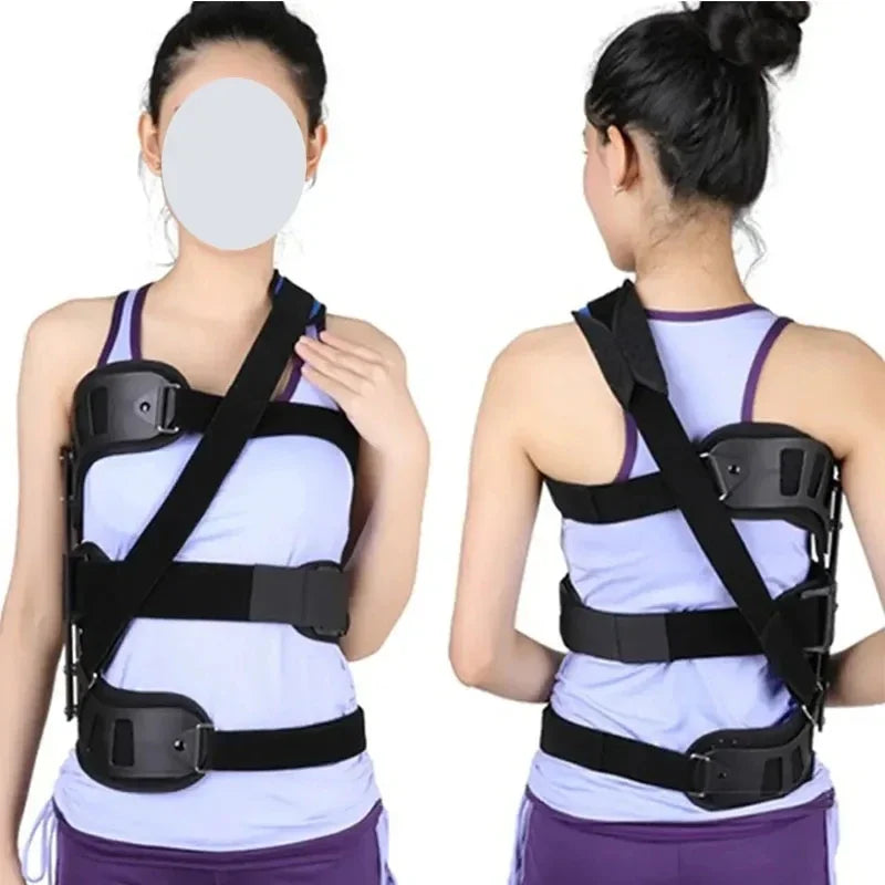 Front and back view of a woman wearing an aluminium spinal brace for back pain with adjustable straps