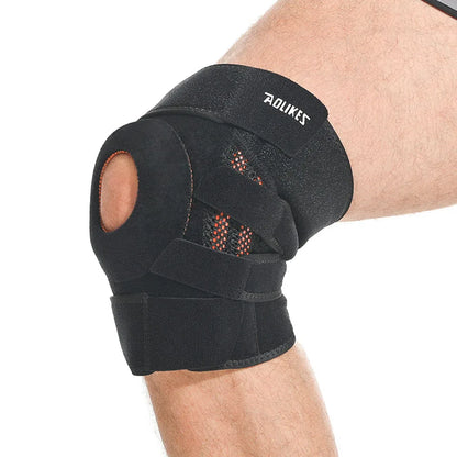 Adjustable knee brace for running with open patella design and secure straps on a bent knee