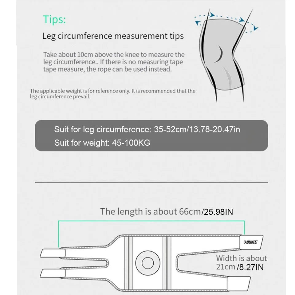 Measurement guide for adjustable knee brace for running showing leg circumference and brace dimensions
