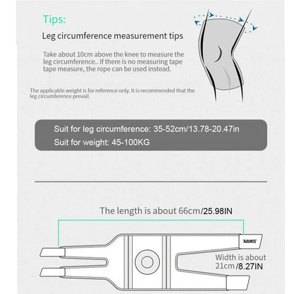 Measurement guide for adjustable knee brace for running showing leg circumference and brace dimensions