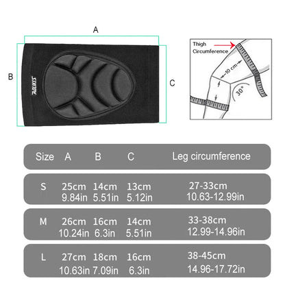 Black sports knee pads for joint support with size measurements and thigh circumference guide