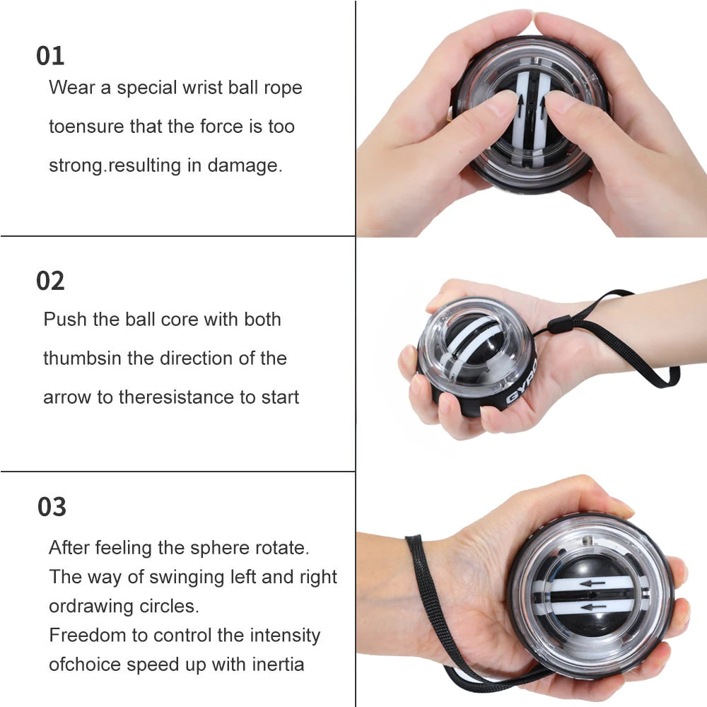 Instructions using auto-start gyro ball hand exerciser with wrist strap for hand and wrist strength