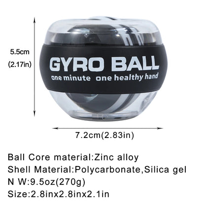 Auto-start gyro ball hand exerciser with zinc alloy core and clear polycarbonate shell measuring 7.2 cm by 5.5 cm