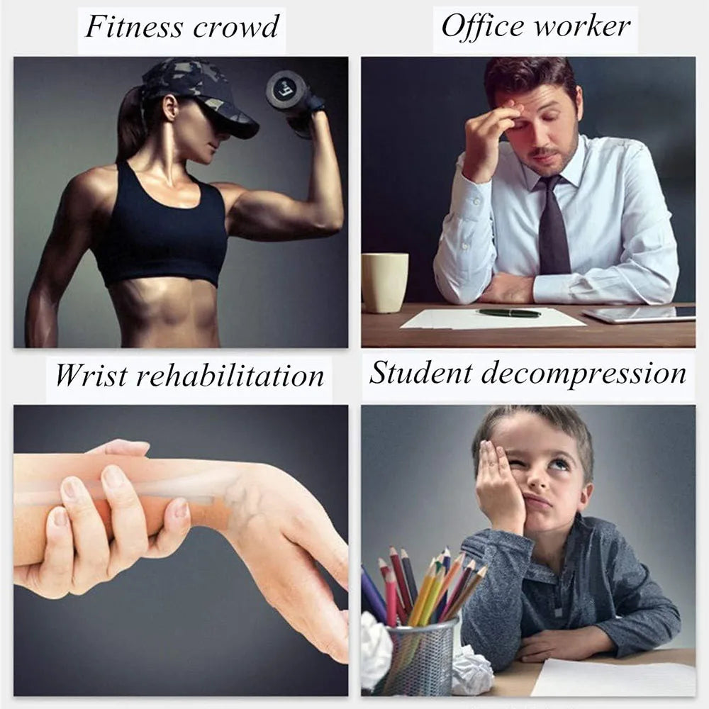 Various uses for auto-start gyro ball hand exerciser including fitness, office worker stress relief, wrist rehabilitation, and student decompression