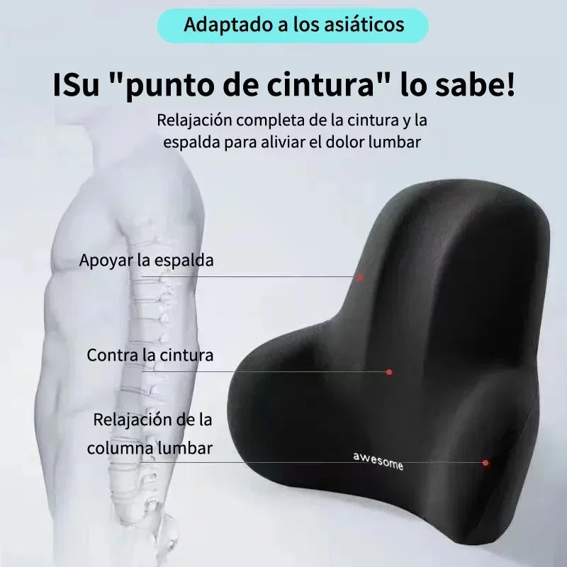 Black memory foam lumbar support cushion designed for full waist and back relaxation to relieve lumbar pain