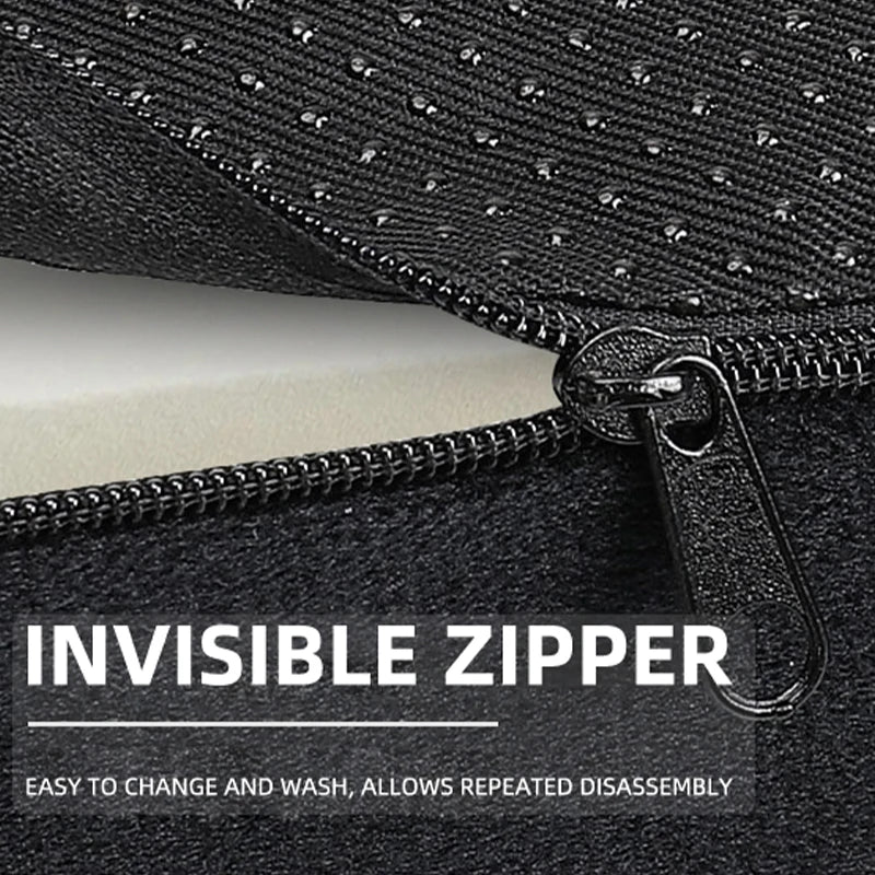 Close-up of invisible zipper on black BBL seat cushion for post surgery recovery with breathable fabric