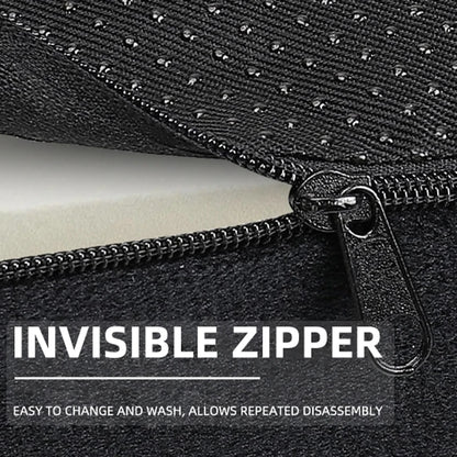 Close-up of invisible zipper on black BBL seat cushion for post surgery recovery with breathable fabric