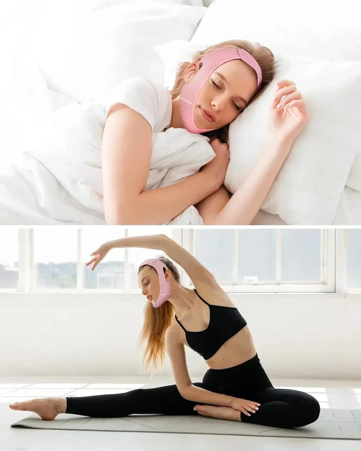 Woman wearing a pink face slimming band for women while sleeping and doing yoga stretches