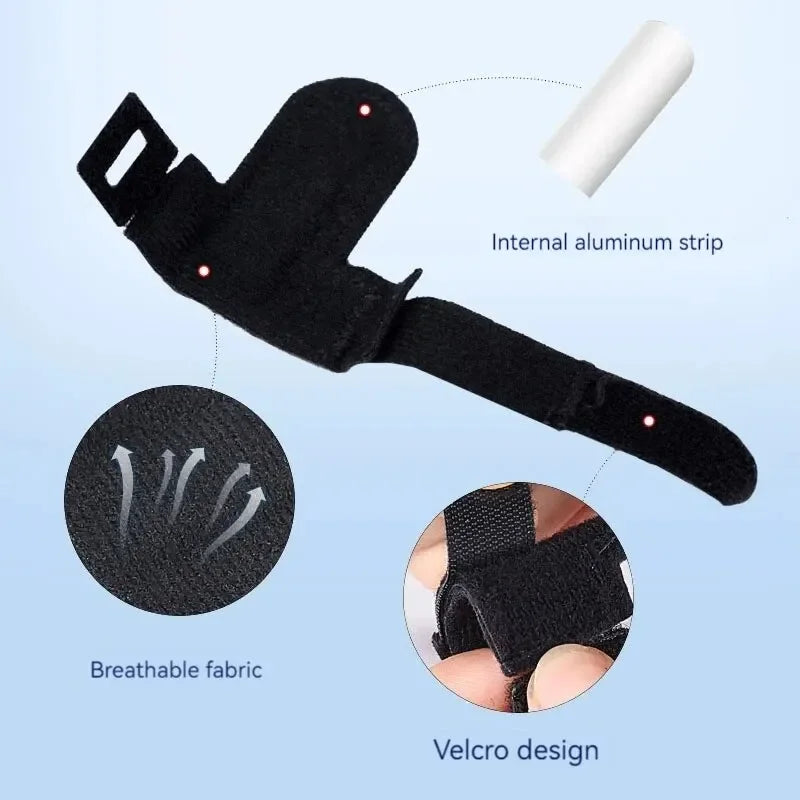 Black trigger finger splint with internal aluminum strip breathable fabric and Velcro design for adjustable fit