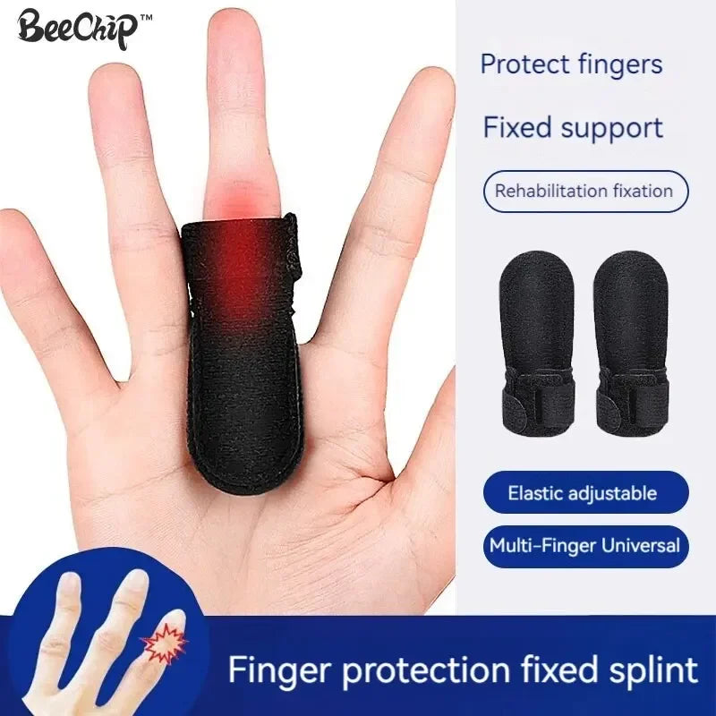 Trigger finger splint on middle finger showing fixed support and elastic adjustable design for finger protection
