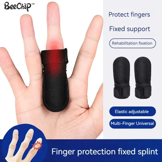 Trigger finger splint on middle finger showing fixed support and elastic adjustable design for finger protection