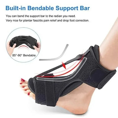Black plantar fasciitis night splint with built-in bendable support bar on foot for pain relief