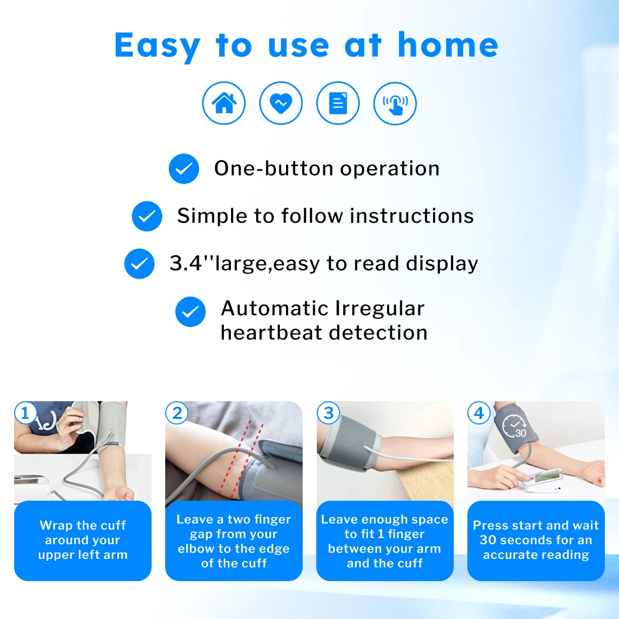 Zorelie.co automatic upper arm blood pressure monitor with one-button operation and large easy-to-read display
