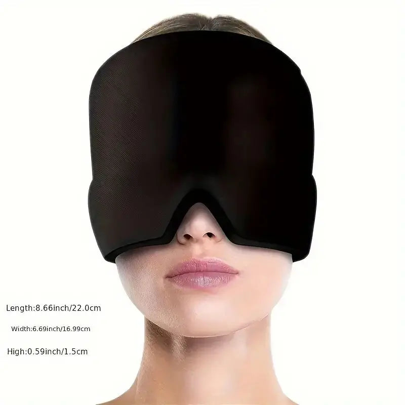 Zorelie.co gel eye mask for hot and cold therapy shown on a person with full coverage over eyes