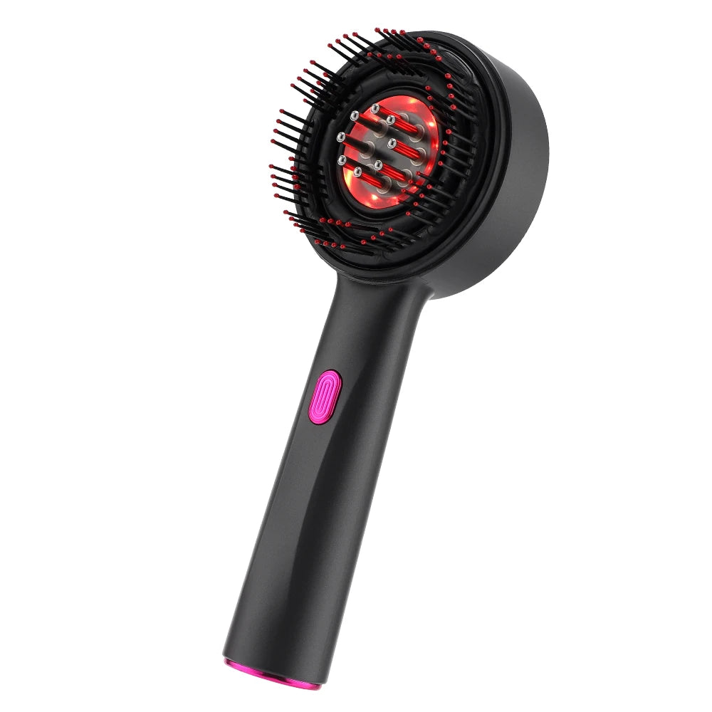 Zorelie.co black handheld scalp massager for hair growth with red LED light and soft bristles