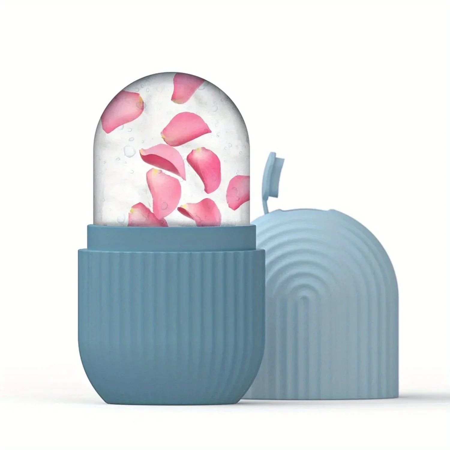 Blue ice roller for face and eyes with pink rose petals inside and a matching lid