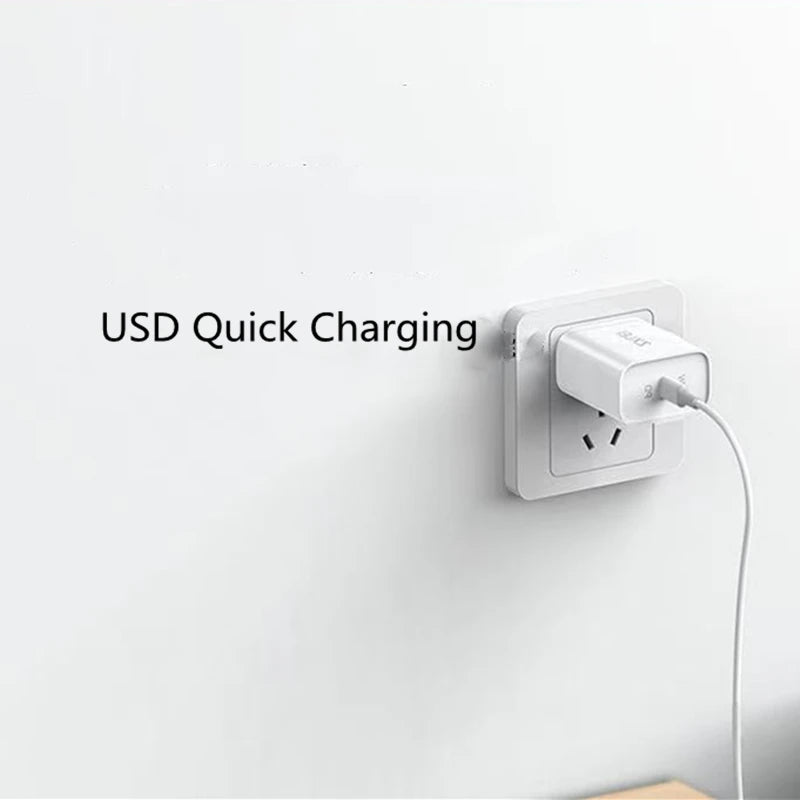 White USB quick charger plugged into wall outlet with charging cable for Bluetooth body fat scale with app