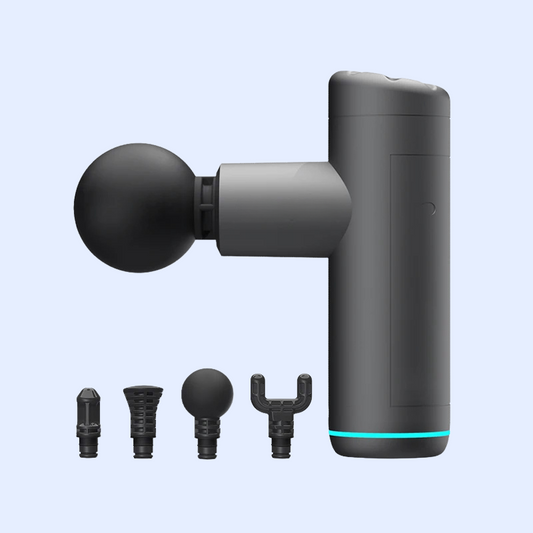 Zorelie.co mini percussion massage gun in gray with four interchangeable massage heads