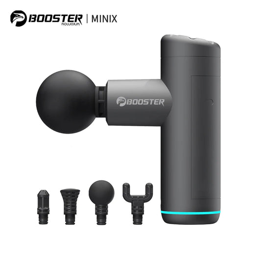 Zorelie.co portable percussion massage gun with four interchangeable massage heads in black and gray