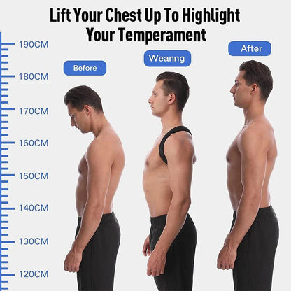Posture corrector for back and shoulders shown improving man’s posture from slouched to straight