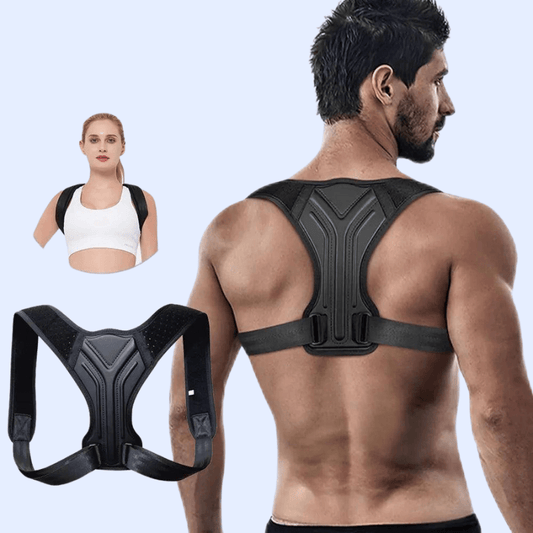 Zorelie posture corrector for back and shoulders worn by man and woman with adjustable straps