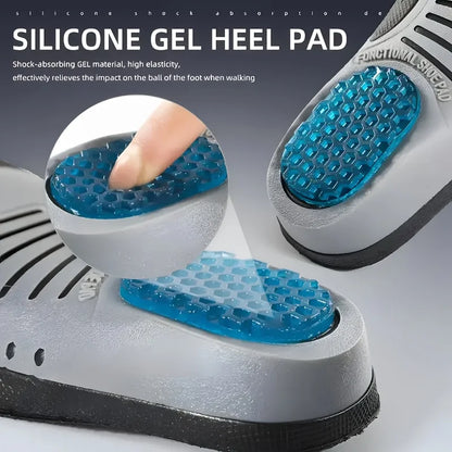 Silicone gel heel pad insert in breathable sports shoe insoles for shock absorption and foot comfort