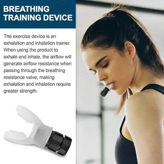 Woman using portable lung exercise device for breathing training with airflow resistance valve