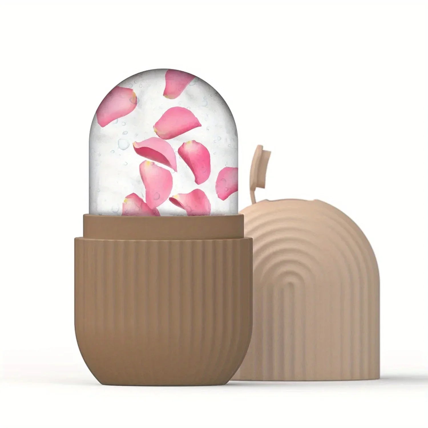 Zorelie.co ice roller for face and eyes with pink flower petals inside and beige textured case