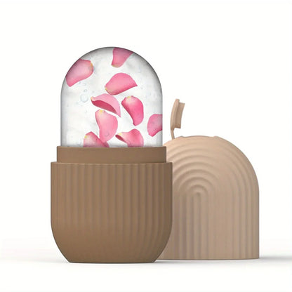 Zorelie.co ice roller for face and eyes with pink flower petals inside and beige textured case
