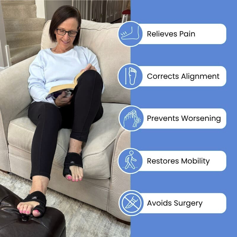Woman wearing bunion corrector for toe alignment sitting on couch reading a book with benefits listed