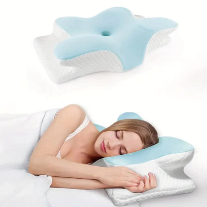 Blue and white butterfly memory foam cervical pillow by Zorelie.co with ergonomic design for neck support