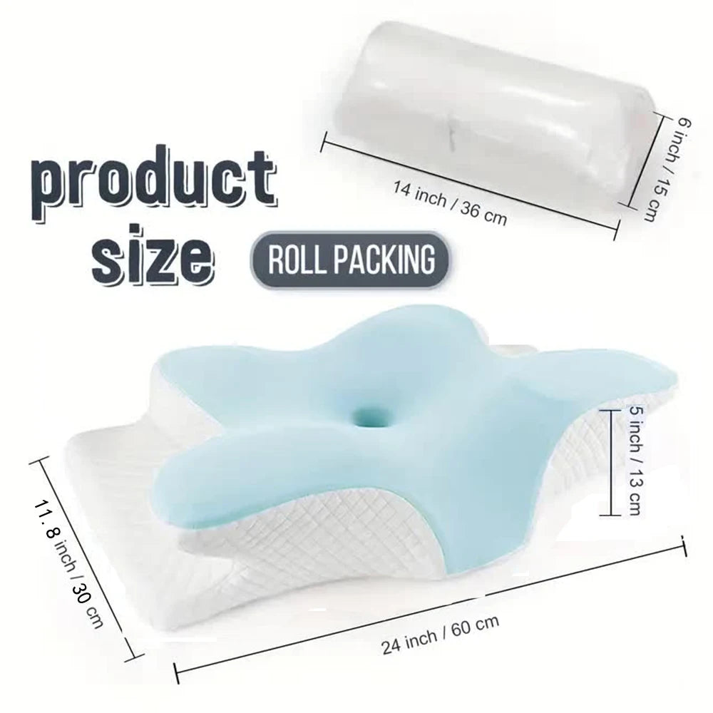 Butterfly memory foam cervical pillow by Zorelie.co in blue and white with ergonomic design and size dimensions