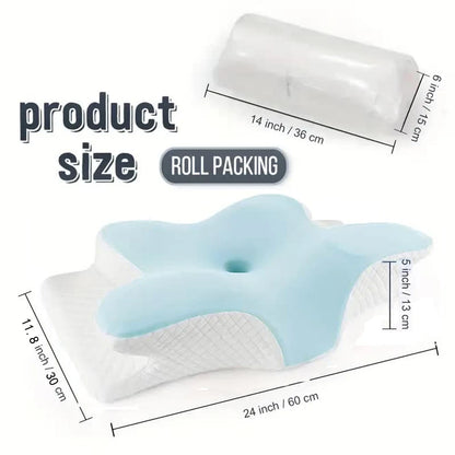 Butterfly memory foam cervical pillow by Zorelie.co in blue and white with ergonomic design and size dimensions