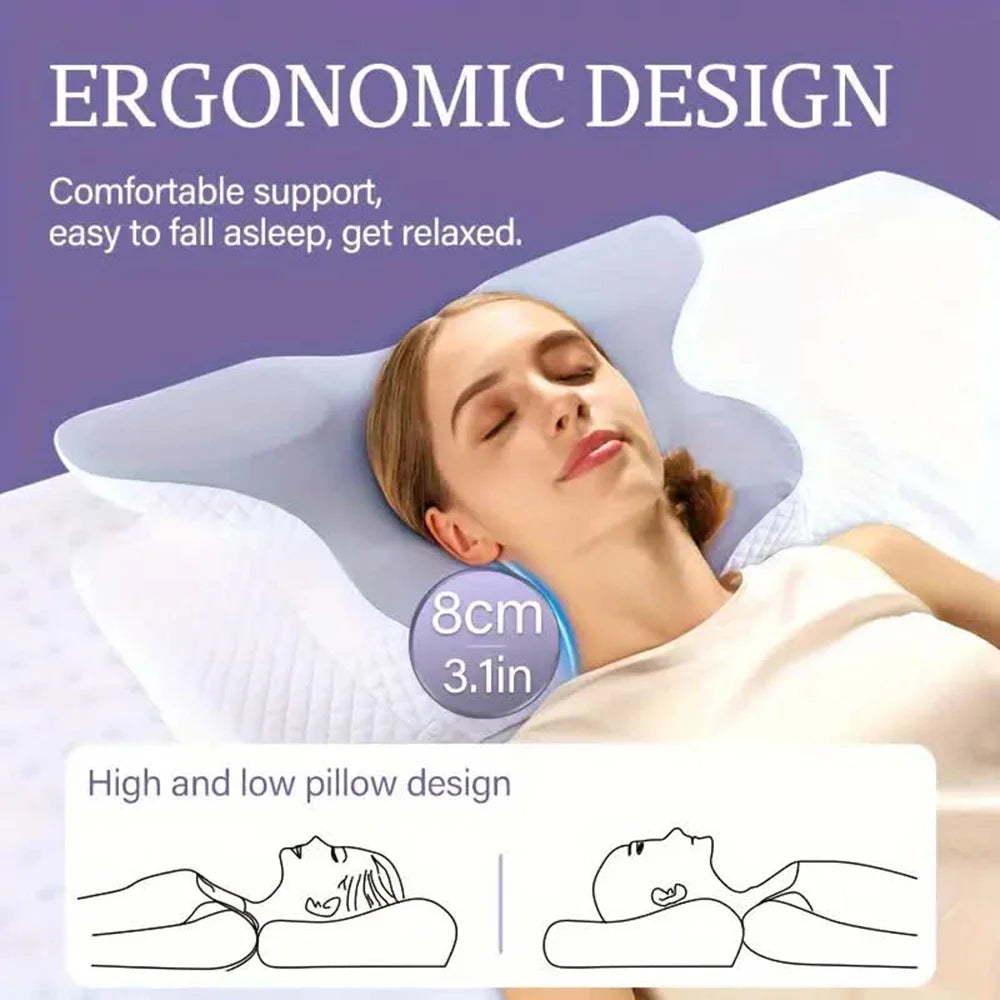Woman resting on a butterfly memory foam cervical pillow highlighting ergonomic design and neck support