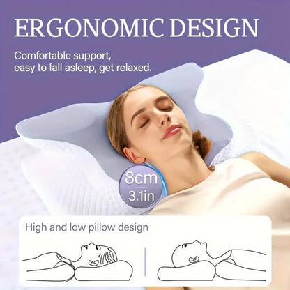 Woman resting on a butterfly memory foam cervical pillow highlighting ergonomic design and neck support
