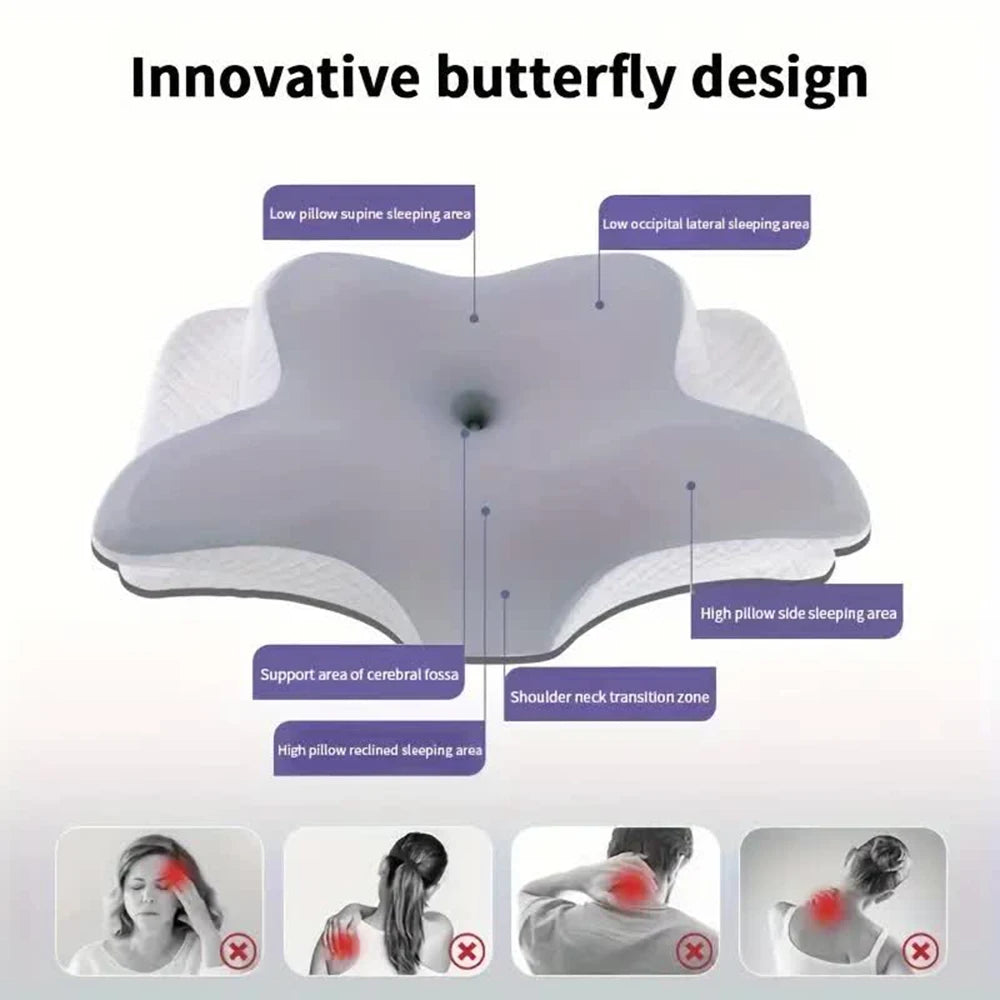 Butterfly memory foam cervical pillow with innovative design and labeled zones for neck and shoulder support