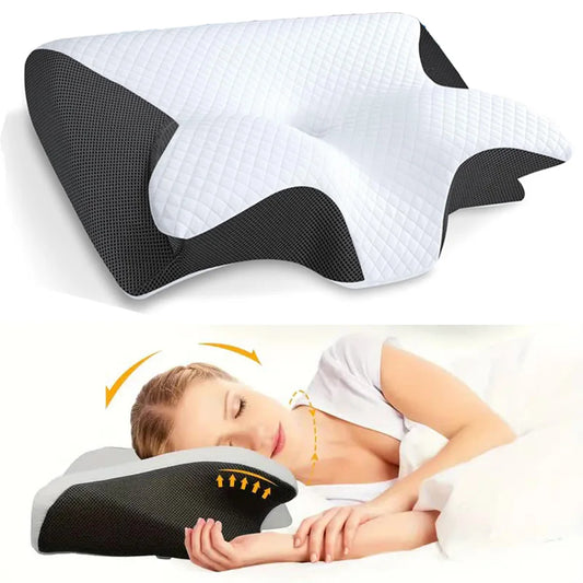 Butterfly shape orthopedic pillow by Zorelie.co in white and black for neck support and comfortable sleep