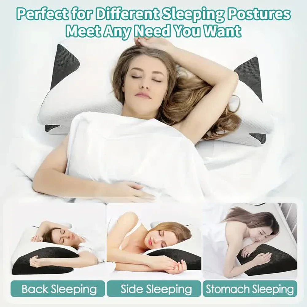 Woman sleeping on butterfly shape orthopedic pillow shown for back, side, and stomach sleeping positions