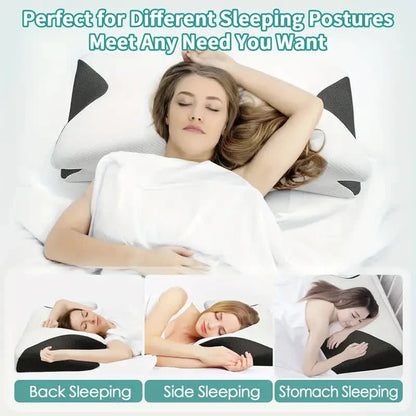 Woman sleeping on butterfly shape orthopedic pillow shown for back, side, and stomach sleeping positions