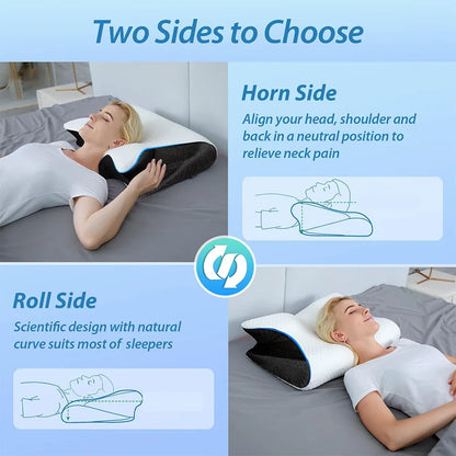 Woman using butterfly shape orthopedic pillow showing horn side and roll side for neck pain relief and natural curve support