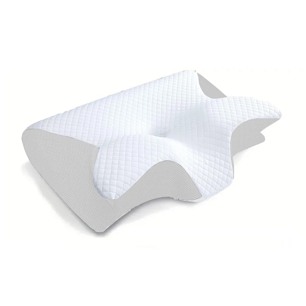 White butterfly shape orthopedic pillow with quilted texture for ergonomic neck support
