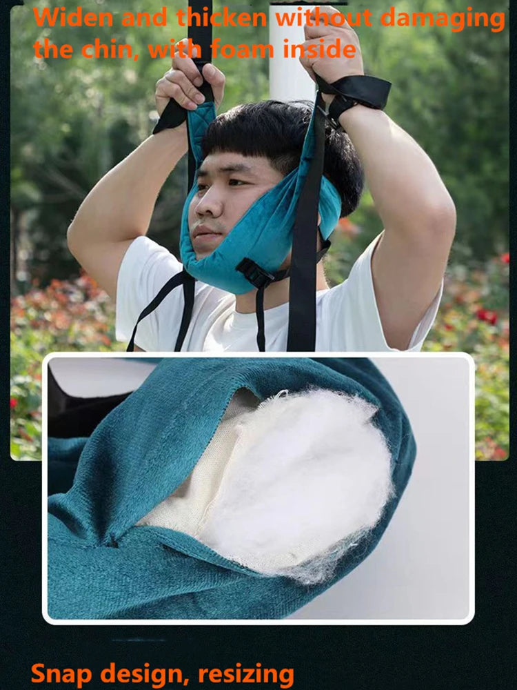 Man using a cervical neck traction device with foam padding for chin support and adjustable straps