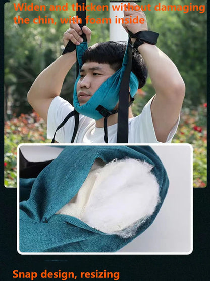 Man using a cervical neck traction device with foam padding for chin support and adjustable straps