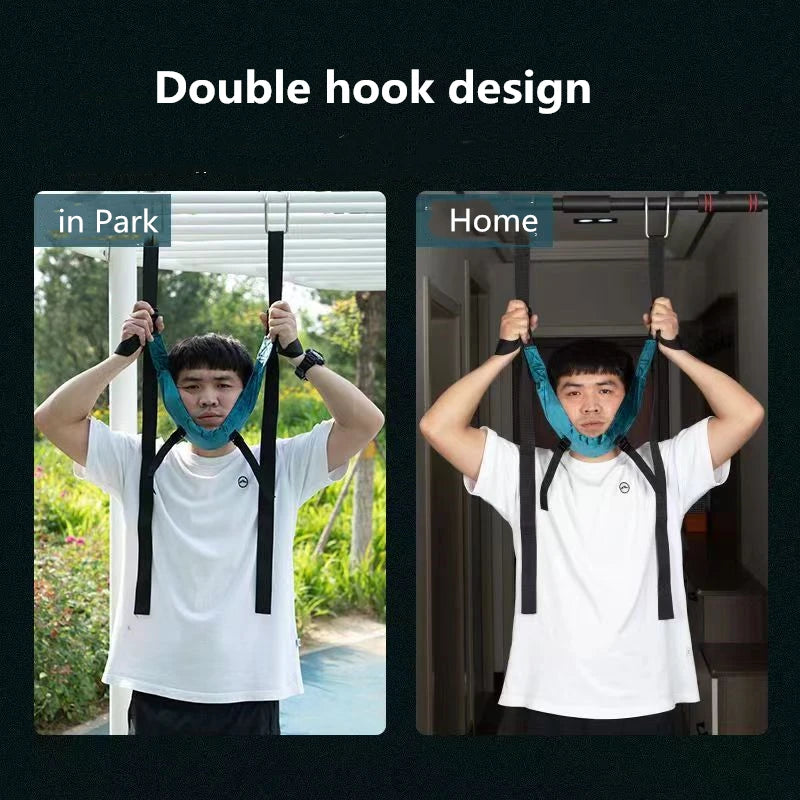 Man demonstrating cervical neck traction device with double hook design used in park and home