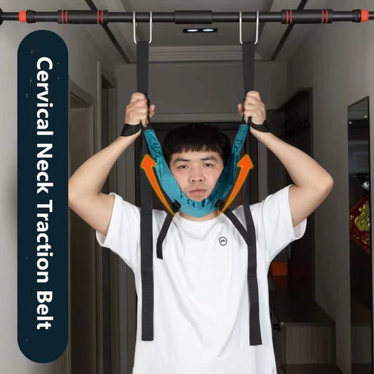 Man using cervical neck traction device hanging from an indoor pull-up bar for neck pain relief