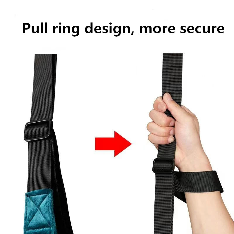 Hand demonstrating pull ring design on cervical neck traction device strap for secure fit
