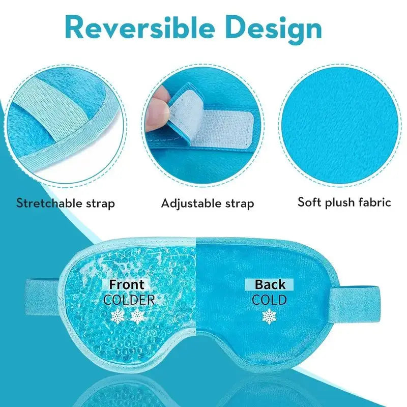 Zorelie.co gel eye mask for hot and cold therapy with reversible design, adjustable strap, and soft plush fabric
