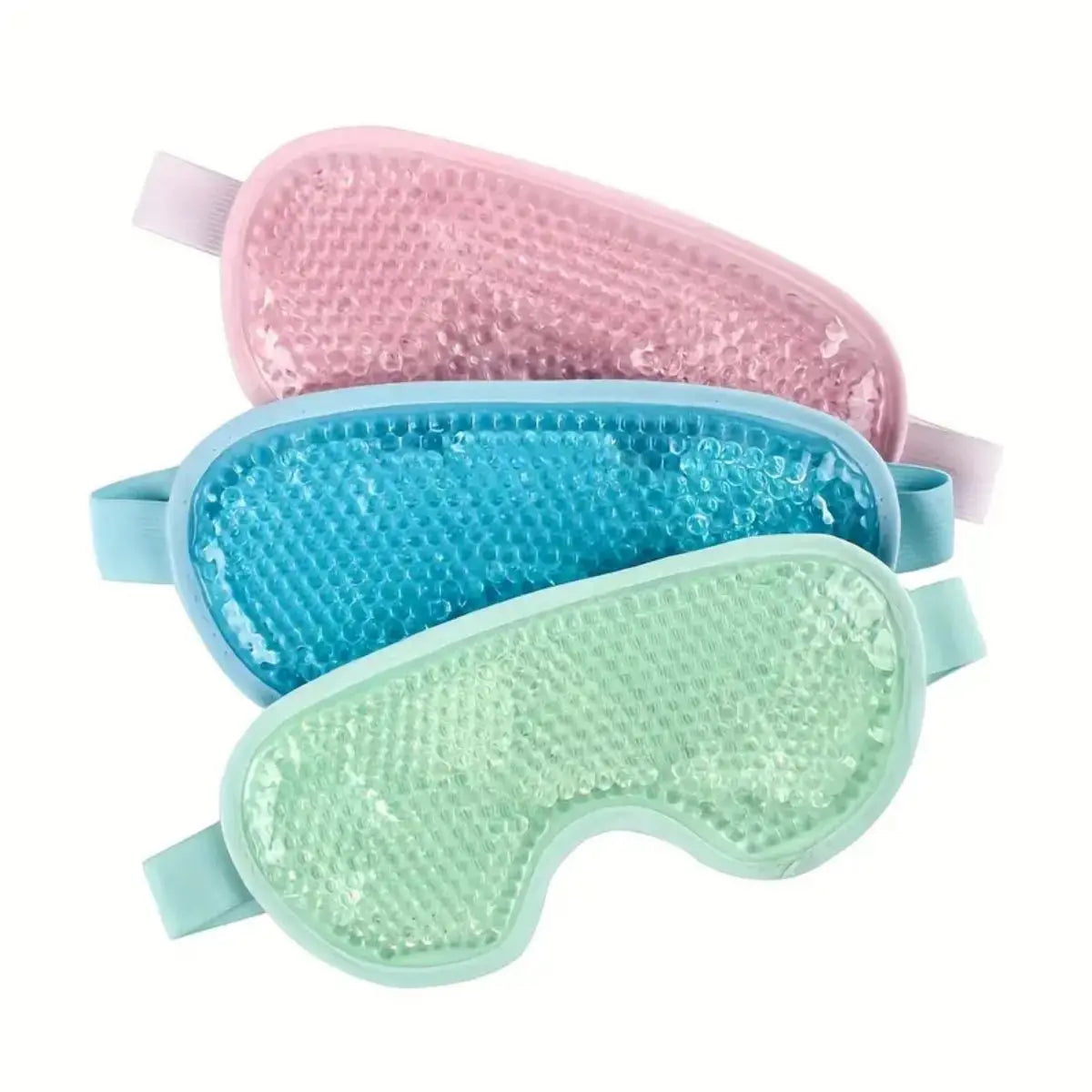Set of pink blue and green gel eye mask for hot and cold therapy with adjustable straps