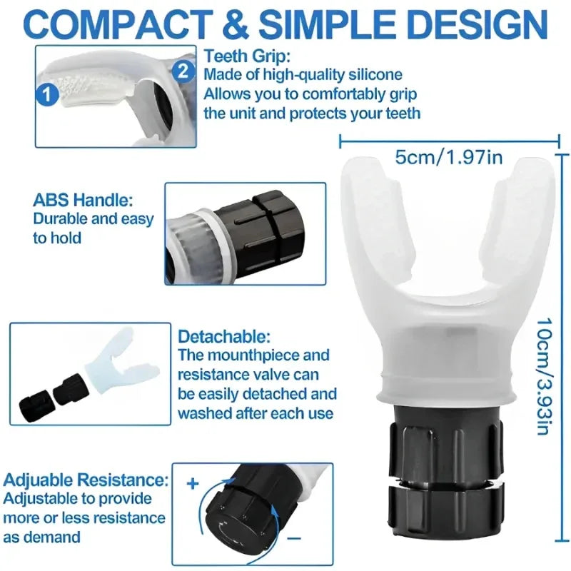 Portable lung exercise device with silicone teeth grip, adjustable resistance, detachable mouthpiece, and durable ABS handle