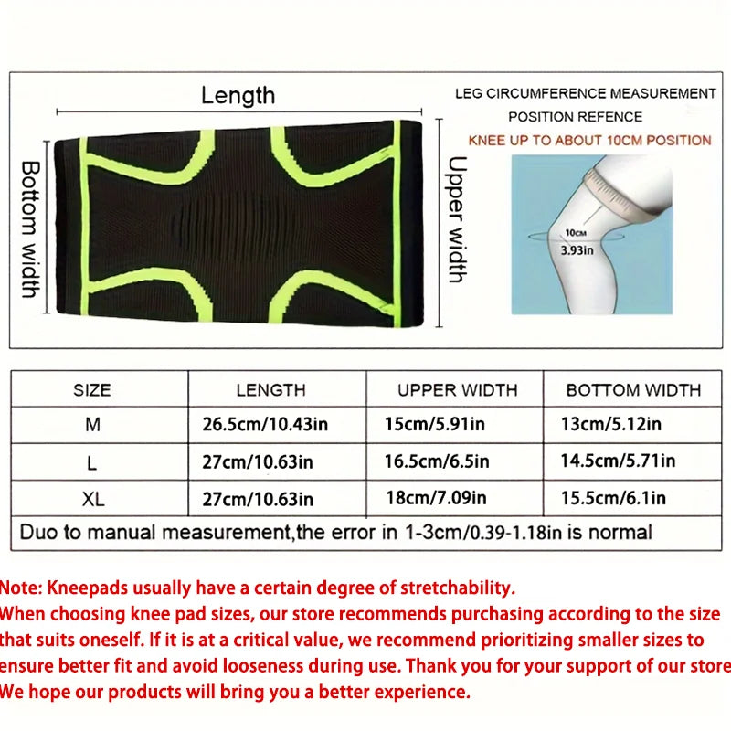Compression knee brace for pain relief with size chart and measurement guide for proper fit